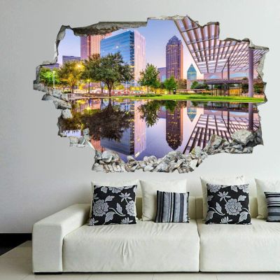 3D Broken Wall Stickers Stickers Dallas, Texas, USA Downtown Plaza and Skyline 36 x 24 Inch Removable Wall Decal, Peel and Stick Landscape Wall Decor for Bedroom Living Room, Mural Art for Kids Boys