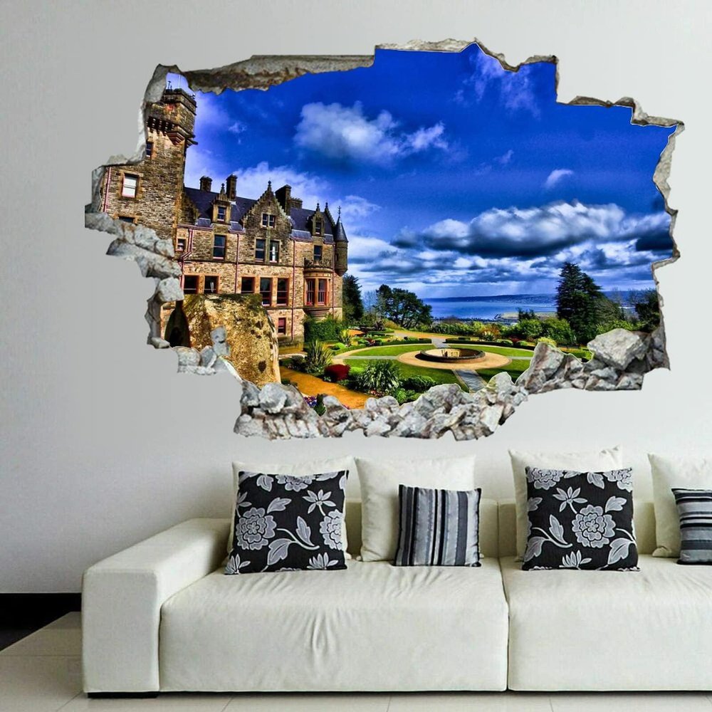 3D Broken Wall Stickers Stickers Fairyland,Beautiful Belfast Castle 36 x 24 Inch Removable Wall Decal, Peel and Stick Landscape Wall Decor for Bedroom Living Room, Mural Art for Kids Boys Girls Gift