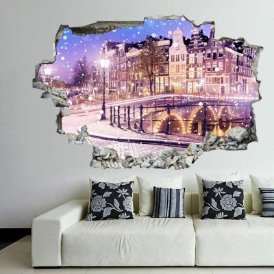 3D Broken Wall Stickers Stickers Traditional Dutch Netherlands 36 x 24 Inch Removable Wall Decal, Peel and Stick Landscape Wall Decor for Bedroom Living Room, Mural Art for Kids Boys Girls Gift