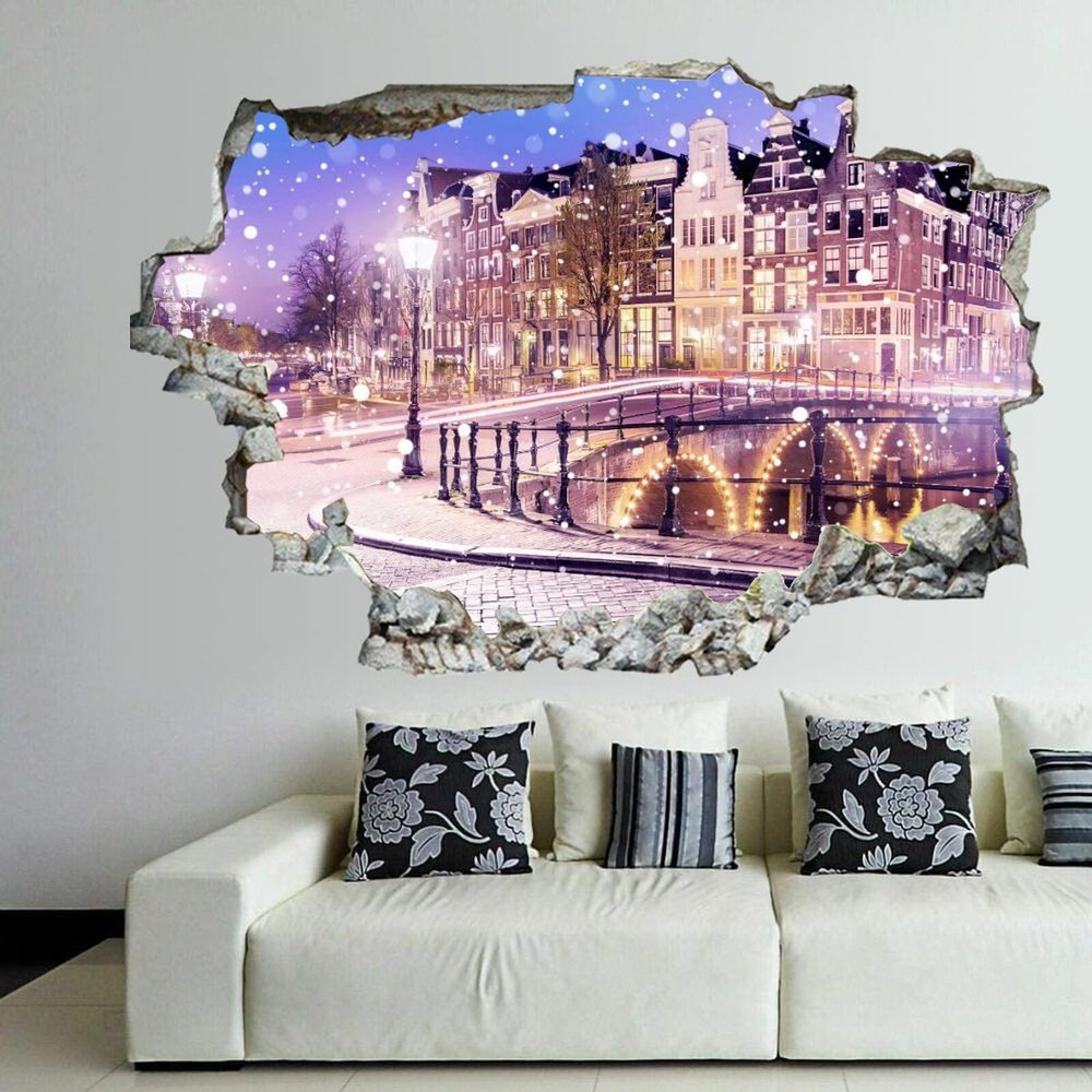 3D Broken Wall Stickers Stickers Traditional Dutch Netherlands 36 x 24 Inch Removable Wall Decal, Peel and Stick Landscape Wall Decor for Bedroom Living Room, Mural Art for Kids Boys Girls Gift