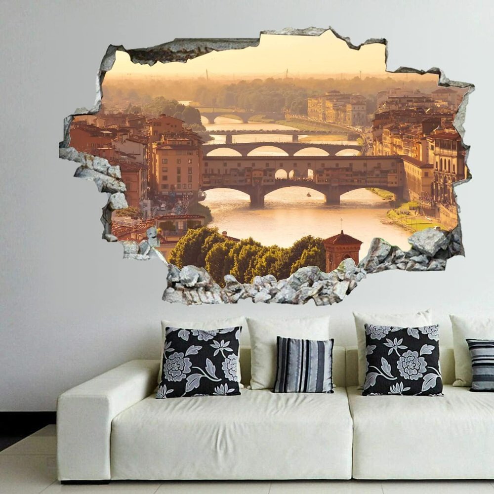 3D Broken Wall Stickers Stickers Florence 36 x 24 Inch Removable Wall Decal, Peel and Stick Landscape Wall Decor for Bedroom Living Room, Mural Art for Kids Boys Girls Gift