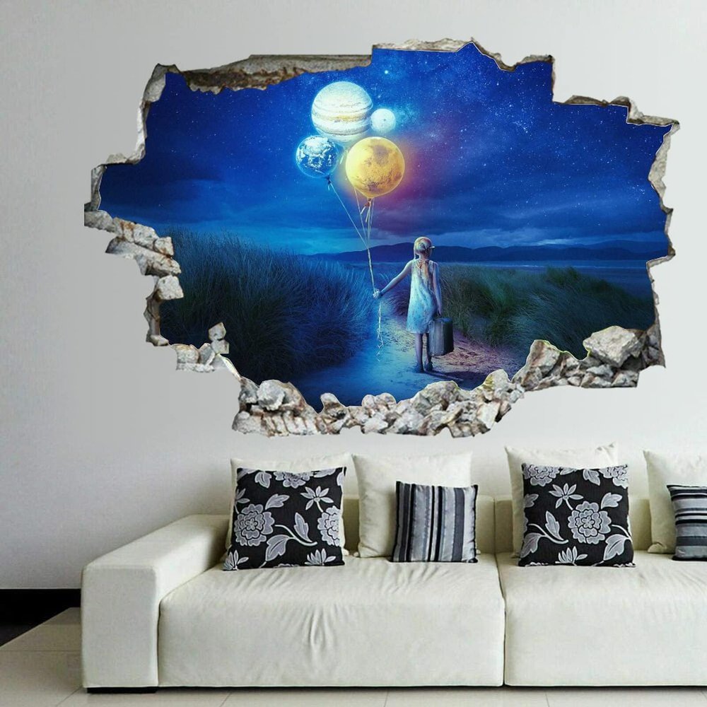3D Broken Wall Stickers Stickers Loveourplanet Earth Peaceful Journey Travel 36 x 24 Inch Removable Wall Decal, Peel and Stick Landscape Wall Decor for Bedroom Living Room, Mural Art for Kids Boys Gi