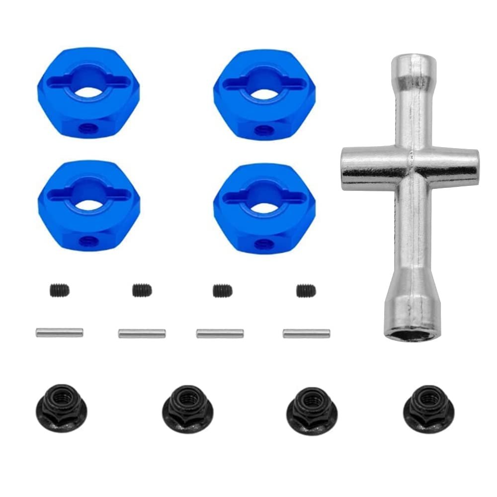 GLOBACT Aluminum 12mm Hex hub Wheel hex hub Adaptor with M4 Nut and Cross Wrenches for 1/10 trx4 Axial Redcat ARRMA Granite Voltage 2WD HPI HSP Tamiya WLtoys RC Crawler Truck (Blue 4 Pcs)