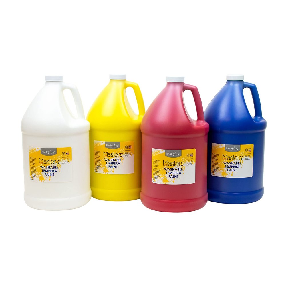Handy Art Little Masters Washable Tempera Paint, 4 Gallon Kit, White, Yellow, Red, Blue