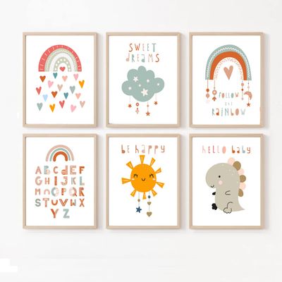 VEEDOO Rainbow Nursery Decor - Baby Room Dcor, Dinosaur Nursery Decor for Baby, Boho Nursery Playroom Decor, Great Kids Room Decoration - Boys and Girls, Set of 6 11x14 (Unframed) Made in USA