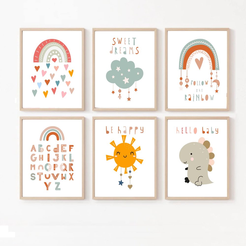 VEEDOO Rainbow Nursery Decor - Baby Room Dcor, Dinosaur Nursery Decor for Baby, Boho Nursery Playroom Decor, Great Kids Room Decoration - Boys and Girls, Set of 6  11x14 (Unframed) Made in USA