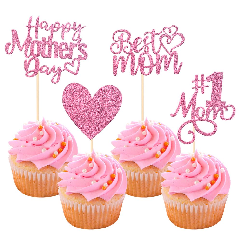 24 Pack Happy Mother's Day Cupcake Toppers Glitter Number 1 Mom Love Heart Cupcake Picks Best Mom Cake Decorations for Women Birthday Happy Mother's Day Theme Party Supplies Pink