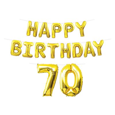 Beistle Happy 70th Birthday Balloon Banner Decorations Mylar Foil Inflatable Hanging Letters Party Supplies, Gold, 14.5"-25" x 180"