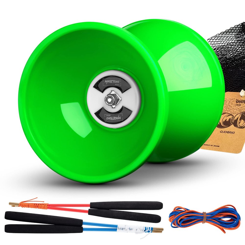 MAGICYOYOPro Triple Bearing Green Diabolo Medium Size 5 Chinese Yoyo Toy with 2 Pair Carbon Sticks+ 2 Extra Strings +1 Net Bag, High Performance Chinese Yoyo Diabolo Skill Toy
