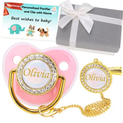 Personalized Pacifier with Name, Bling Gold Pacifier Clip Set with Gift Box Greeting Card, Glitter Crystal Luxurious Dummy Ideal Gift for Girl Baby Shower Newborn Photography(Pink)