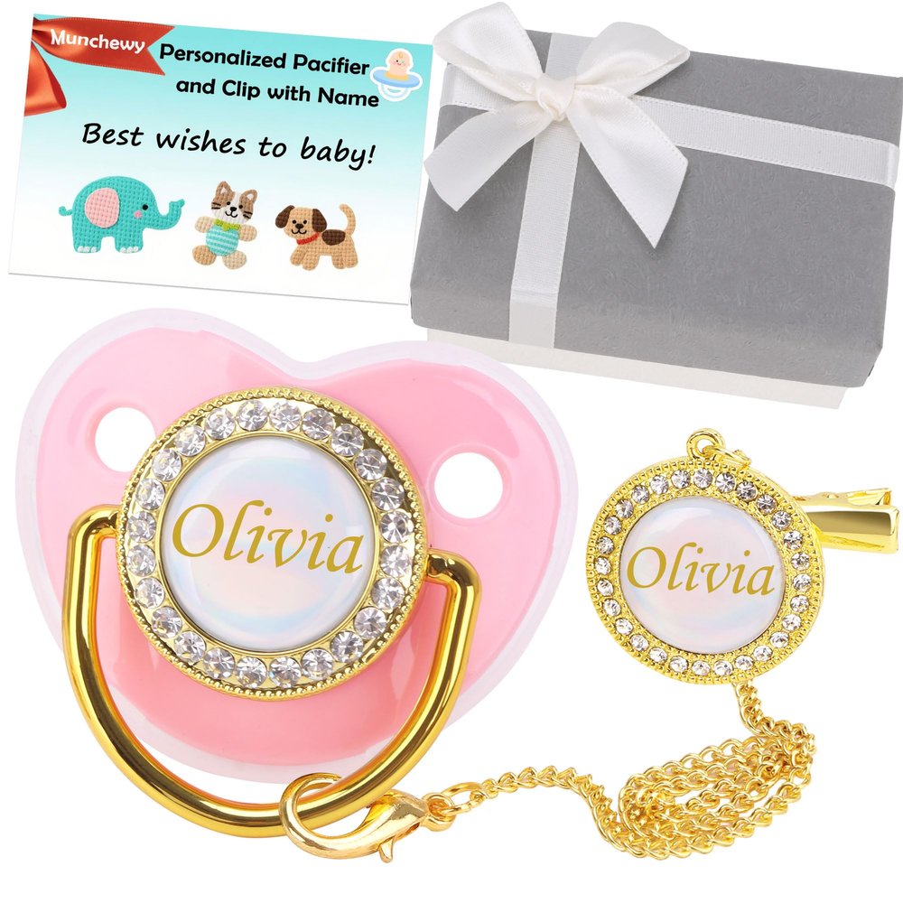 Personalized Pacifier with Name, Bling Gold Pacifier Clip Set with Gift Box Greeting Card, Glitter Crystal Luxurious Dummy Ideal Gift for Girl Baby Shower Newborn Photography(Pink)