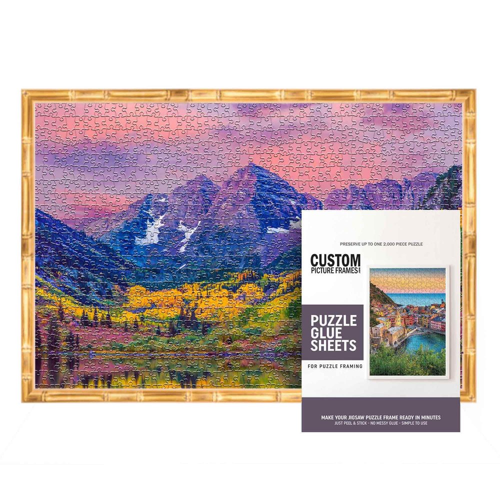 18x24 Puzzle Frame Kit with Glue Sheets | Gold Bamboo Picture Frame | Real Wood with UV Resistant Acrylic Front | Made to Preserve and Display Puzzles Measuring 18x24 Inches