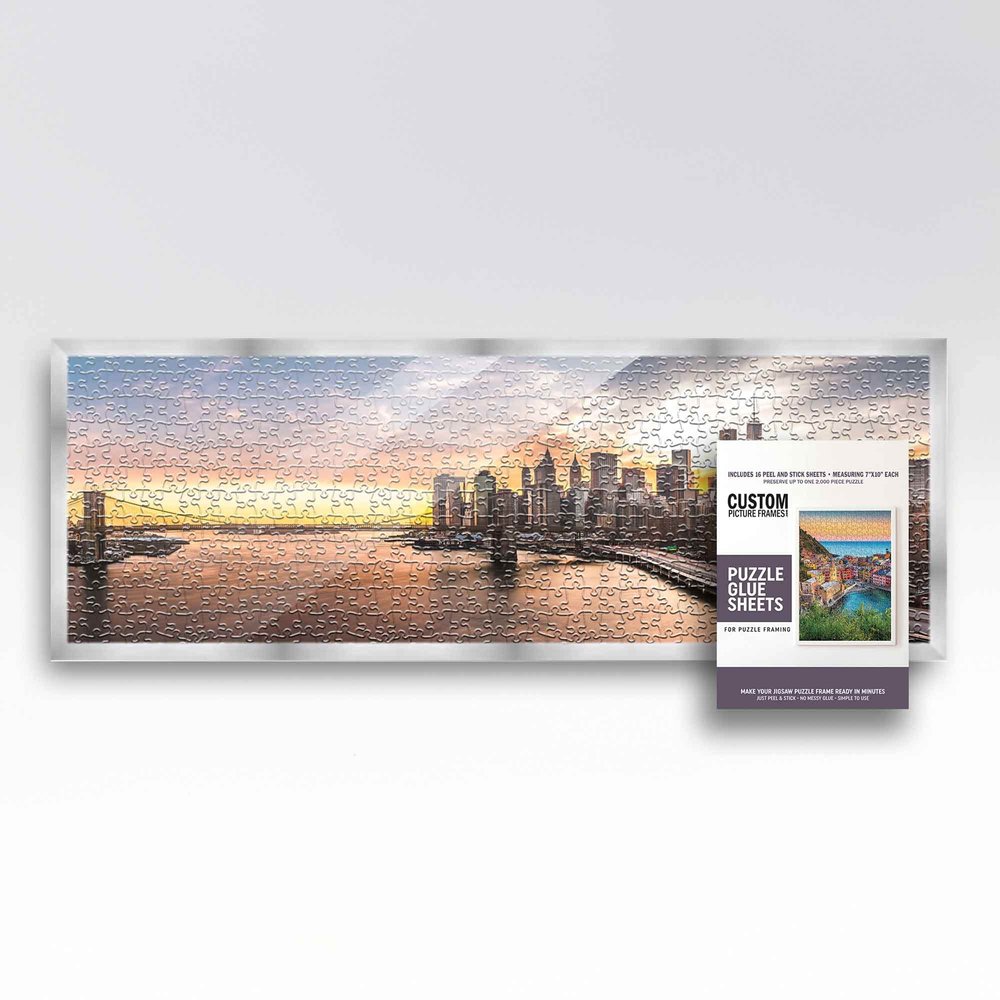 13x39 Puzzle Frame Kit with Glue Sheets | Silver Modern Picture Frame | Real Wood with UV Resistant Acrylic Front | Made to Preserve and Display Puzzles Measuring 13x39 Inches