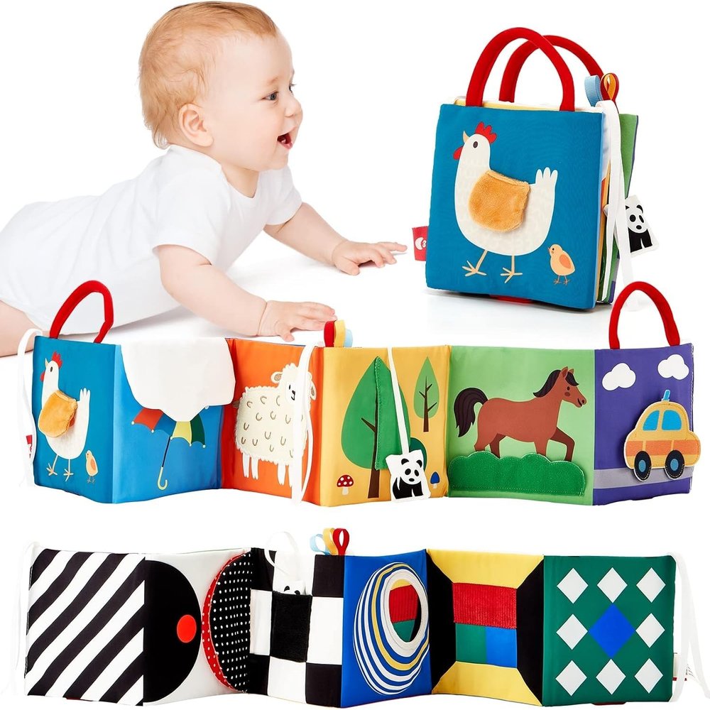 hahaland Baby Toys 0-6 Months - High Contrast Newborn Toys - Baby Tummy Time Books 0-6 Months with Crinkle, Squeaky Sounds, Touch Feel, Visual Stimulation