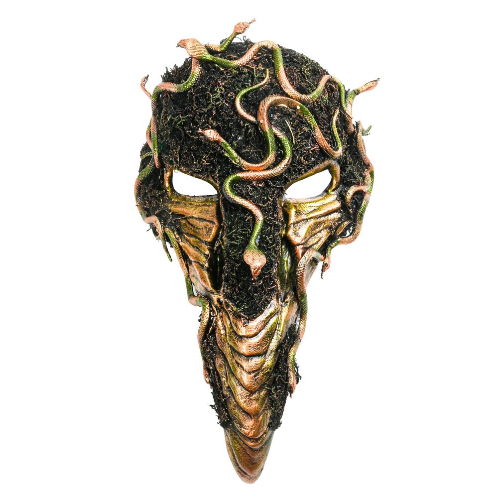 ILOVEMASKS Creepy Scary Snake Halloween Mask Skull Voodoo Raven Crow Bird Beak Long Nose Mask, Wild Forrest Snake Medieval Plague Doctor Masquerade Raven Mask / Crow Mask Cosplay Venetian Mardi Gras Party Prom Headdress Costume - Green Gold
