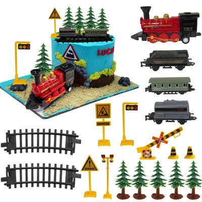 18PCS Train Cake Decorations and Toppers for Birthday Party Supplies - Railway Steam Theme Party Decorations With Track and Traffic