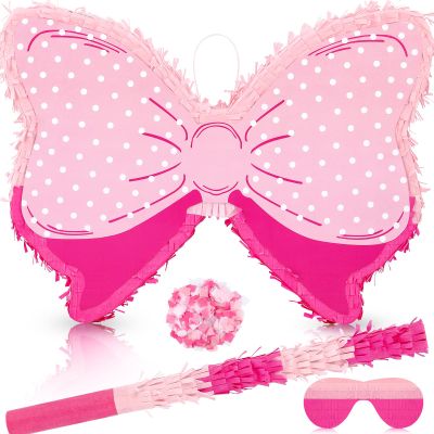 Hungdao Pink Bow Piata for Girl Birthday Party Pinatas Party Decorative Bowtie Piata with Wooden Stick Blindfold Confetti Set Pink Coquette Birthday Baby School Wedding Supplies(Polka Dot Bow)