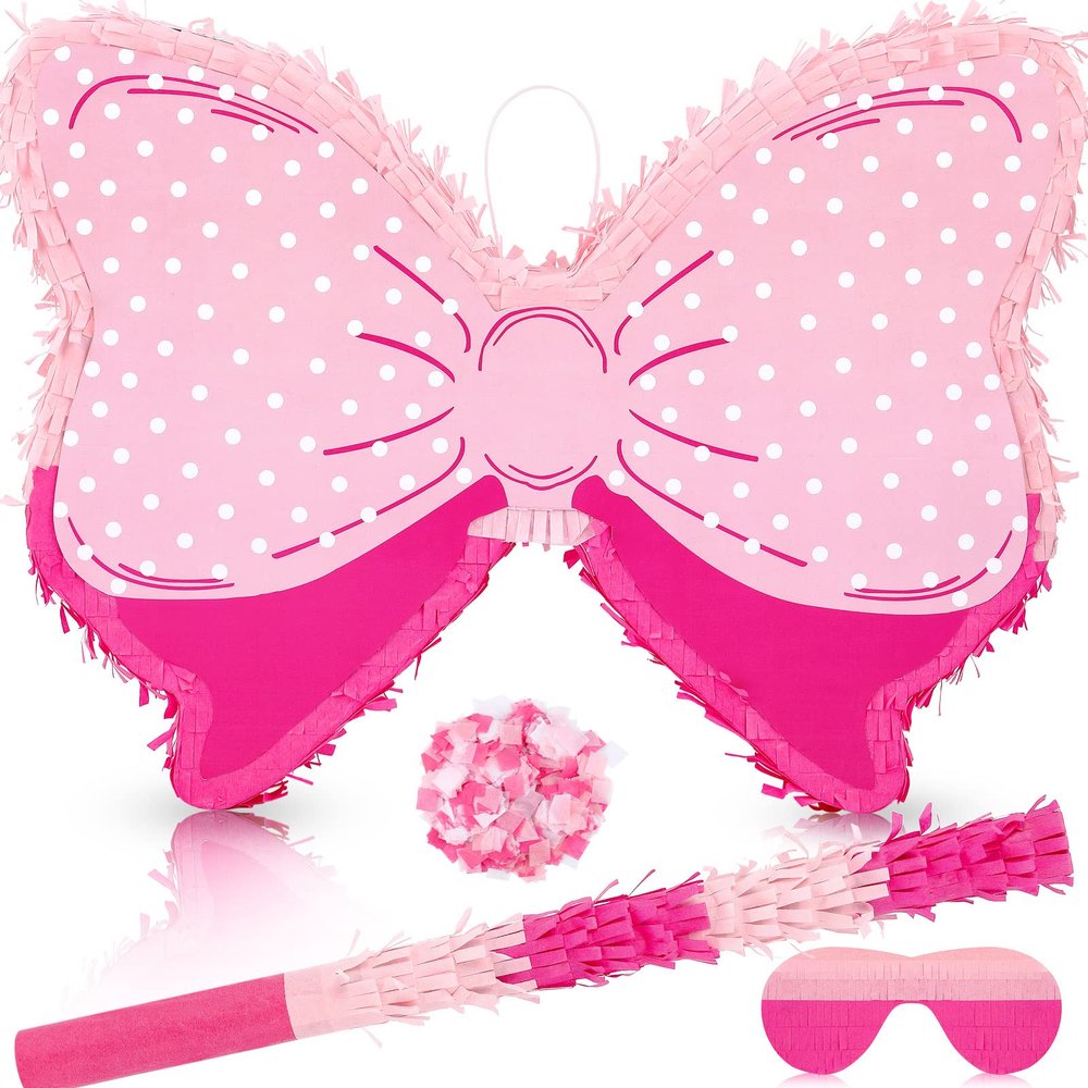 Hungdao Pink Bow Piata for Girl Birthday Party Pinatas Party Decorative Bowtie Piata with Wooden Stick Blindfold Confetti Set Pink Coquette Birthday Baby School Wedding Supplies(Polka Dot Bow)