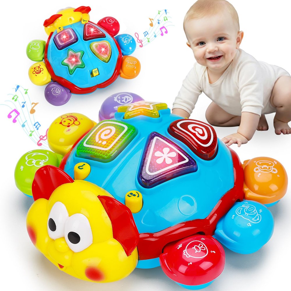 Baby Crawling Toys 6-12 Months, Musical Light Up Tummy Time Toy for Infant 0-6 7 8 9 12-18 Month Old, Toddler Spanish English Bilingual Learning Educational Development Gift for 1 2 Year Old Boy Girl