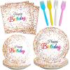 96 Pieces Happy Birthday Plates and Napkins Party Supplies for Confetti Sprinkles Theme Table Decorations Pastel Birthday Party Tableware Donut Paper Plates Napkins Forks Favors for 24 Guests. view 1