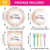 96 Pieces Happy Birthday Plates and Napkins Party Supplies for Confetti Sprinkles Theme Table Decorations Pastel Birthday Party Tableware Donut Paper Plates Napkins Forks Favors for 24 Guests. view 2