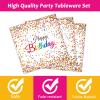 96 Pieces Happy Birthday Plates and Napkins Party Supplies for Confetti Sprinkles Theme Table Decorations Pastel Birthday Party Tableware Donut Paper Plates Napkins Forks Favors for 24 Guests. view 3