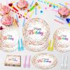 96 Pieces Happy Birthday Plates and Napkins Party Supplies for Confetti Sprinkles Theme Table Decorations Pastel Birthday Party Tableware Donut Paper Plates Napkins Forks Favors for 24 Guests. view 4