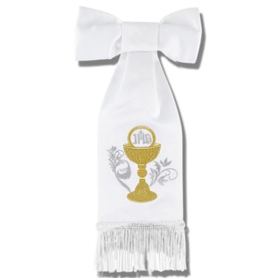 Needzo White Polyester Arm Band Bow with Embroidered Gold Tone Chalice Design, First Communion Accessories for Religious Boys and Girls, Catholic Church Supplies, 10 Inches