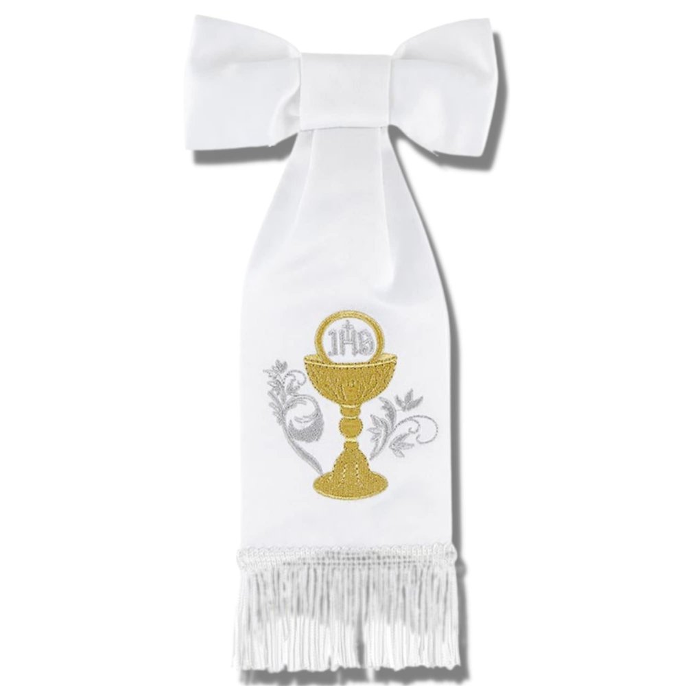 Needzo White Polyester Arm Band Bow with Embroidered Gold Tone Chalice Design, First Communion Accessories for Religious Boys and Girls, Catholic Church Supplies, 10 Inches