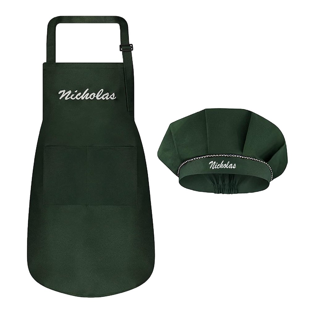 Personalized Kids Apron and Chef Hat Set - Cute Costume With Pockets for Cooking, Painting, Party - Adjustable Unisex Dark Green - Medium