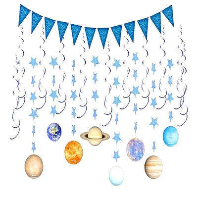 21 Pcs Solar System Hanging Party Supplies, Solar System Planet Hanging Swirl Decorations, Blue Triangle Banner For Out Space Birthday Party Decorations