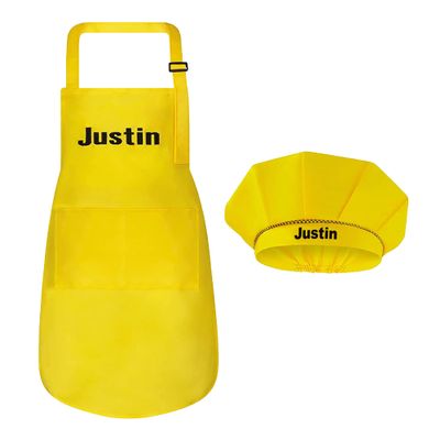 Personalized Apron and Chef Hat Set - Cute Chef Costume for Kids - Aprons with Pockets for Cooking, Painting, Party - Adjustable Unisex Yellow Apron - Small