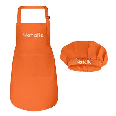Personalized Kids Apron and Chef Hat Set - Cute Chef Costume for Kids - Kids Aprons with Pockets for Cooking Painting Party - Adjustable Unisex Orange Apron for Kids - Small