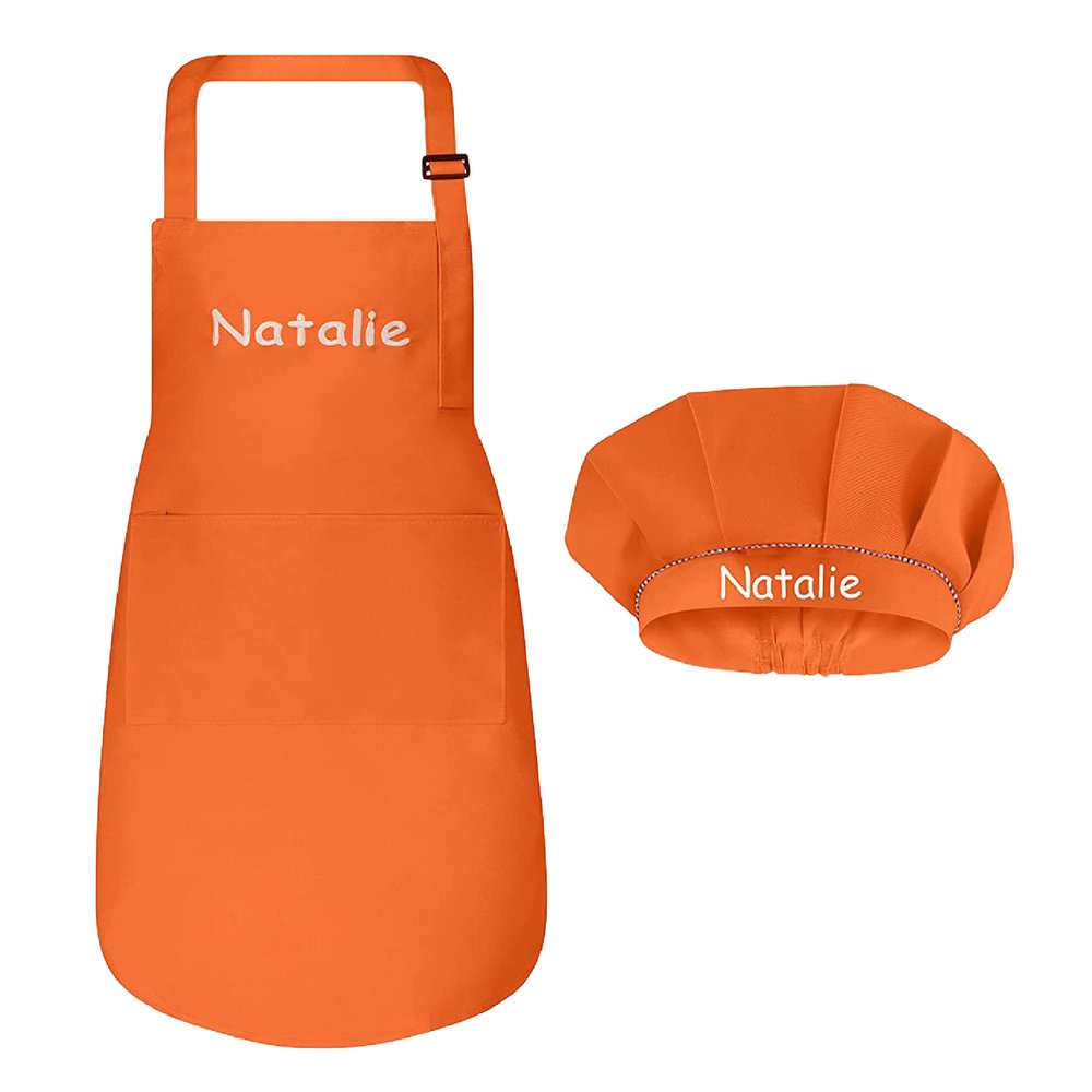 Personalized Kids Apron and Chef Hat Set - Cute Chef Costume for Kids - Kids Aprons with Pockets for Cooking Painting Party - Adjustable Unisex Orange Apron for Kids - Small