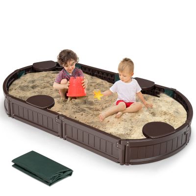 HONEY JOY Sandbox with Cover, 6FT Oval Sand Pit for Backyard, 4 Built-in Seating & Bottom Drainage Liner, All Weather Resistant Sand Boxes for Kids Outdoor with Lid(Brown)