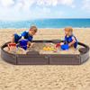 HONEY JOY Sandbox with Cover, 6FT Oval Sand Pit for Backyard, 4 Built-in Seating & Bottom Drainage Liner, All Weather Resistant Sand Boxes for Kids Outdoor with Lid(Brown) view 2