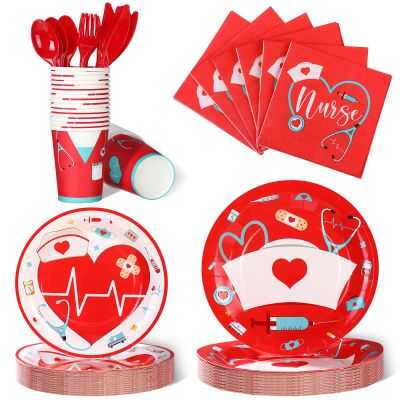 Yisong 168 Pcs Nurse Graduation Party Decorations, Doctor Medical Birthday Tableware Set 24 Guests Dinner Dessert Plates Cups Napkins for Doctors Day Nursing School Office Party Supplies(Red)