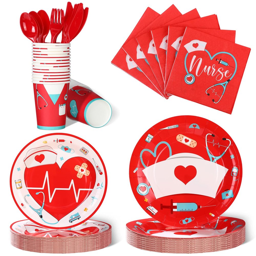 Yisong 168 Pcs Nurse Graduation Party Decorations, Doctor Medical Birthday Tableware Set 24 Guests Dinner Dessert Plates Cups Napkins for Doctors Day Nursing School Office Party Supplies(Red)