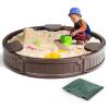 HONEY JOY Sandbox with Cover, 4FT Round Sand Pit for Backyard, 3 Built-in Seating & Bottom Drainage Liner, All Weather Resistant Sand Boxes for Kids Outdoor with LidBrown view 1