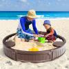 HONEY JOY Sandbox with Cover, 4FT Round Sand Pit for Backyard, 3 Built-in Seating & Bottom Drainage Liner, All Weather Resistant Sand Boxes for Kids Outdoor with LidBrown view 2