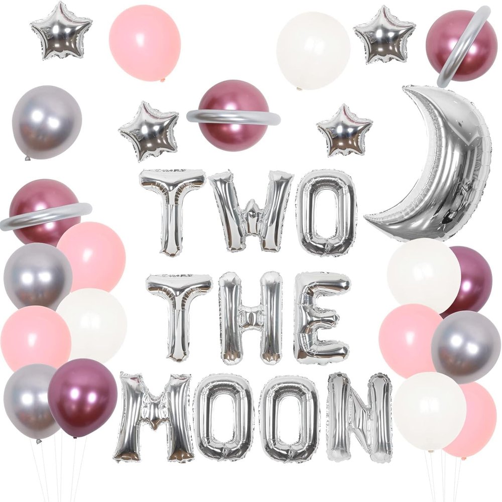 Wonmelody Two the Moon Birthday Decorations for Girl Space 2nd Birthday Party Supplies Outer Space Astronaut Second Party Decor with Two The Moon Foil Balloon Banner Silver Moons and Star Balloons