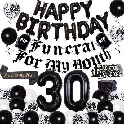 Black 30th Birthday Decorations for Women with Funeral for My Youth Banner, Happy Birthday Balloon, Rip to My 20s Sash, 30 foil Balloons, Lose Youth Cake Topper, Confetti Balloons for 30th Birthday