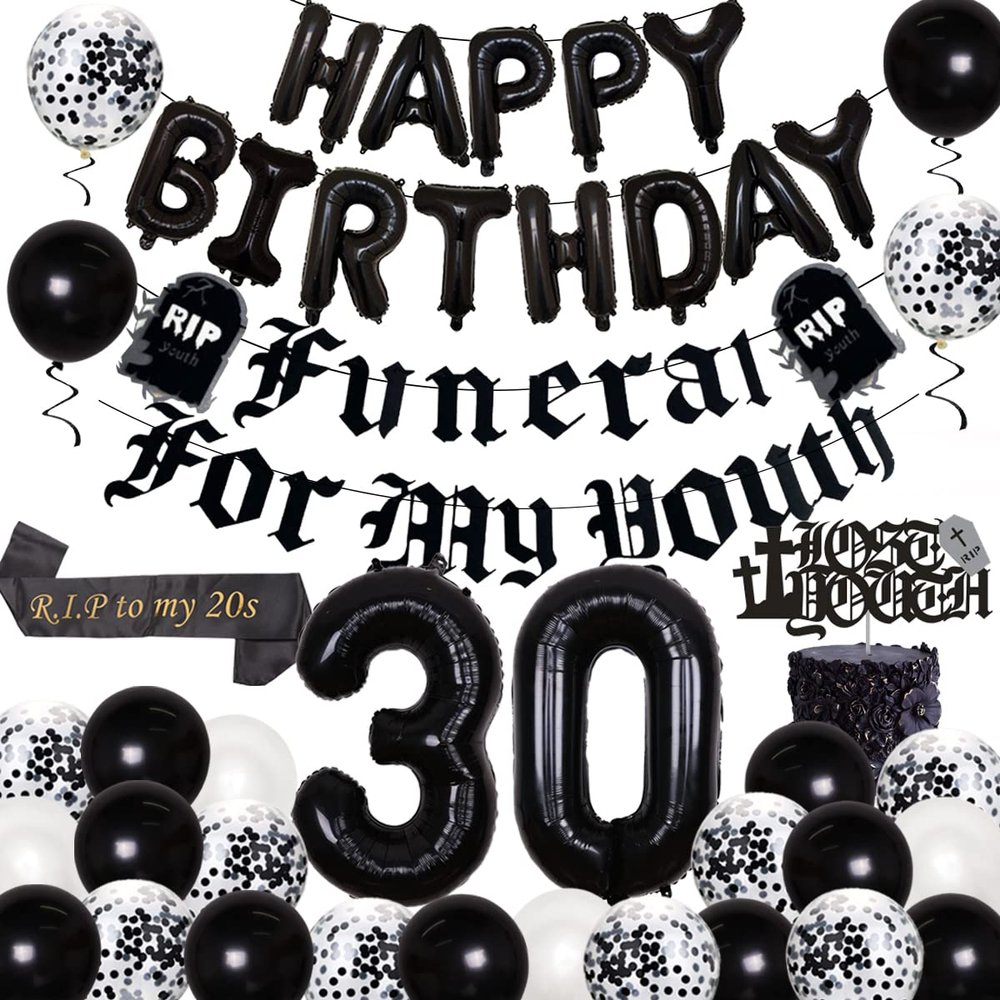 Black 30th Birthday Decorations for Women with Funeral for My Youth Banner, Happy Birthday Balloon, Rip to My 20s Sash, 30 foil Balloons, Lose Youth Cake Topper, Confetti Balloons for 30th Birthday
