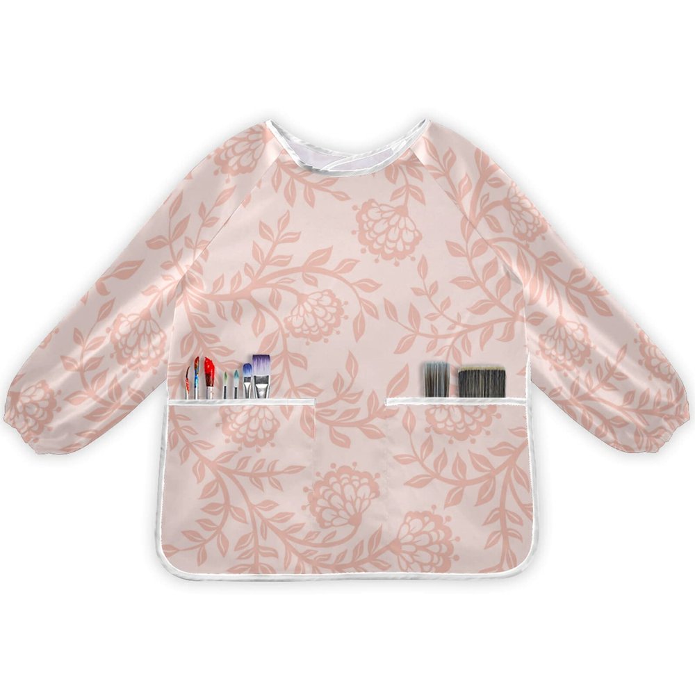 Bolaz Painting Smocks for Kids 2-4 Art Smocks Eating with Pockets Vintage Pink Floral Waterproof Long Sleeve Toddler