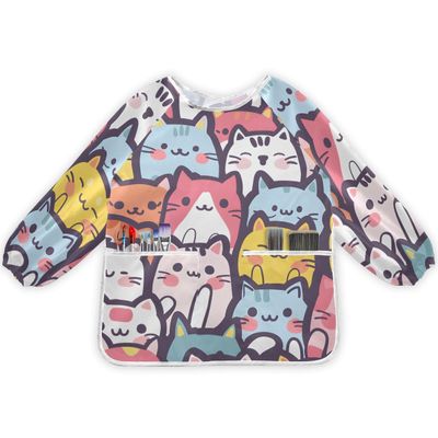 Bolaz Painting Smocks for Toddlers 4-6 Artist Smocks with Pockets Funny Cartoon Cats Eating Waterproof Long Sleeve Infant Children Apron