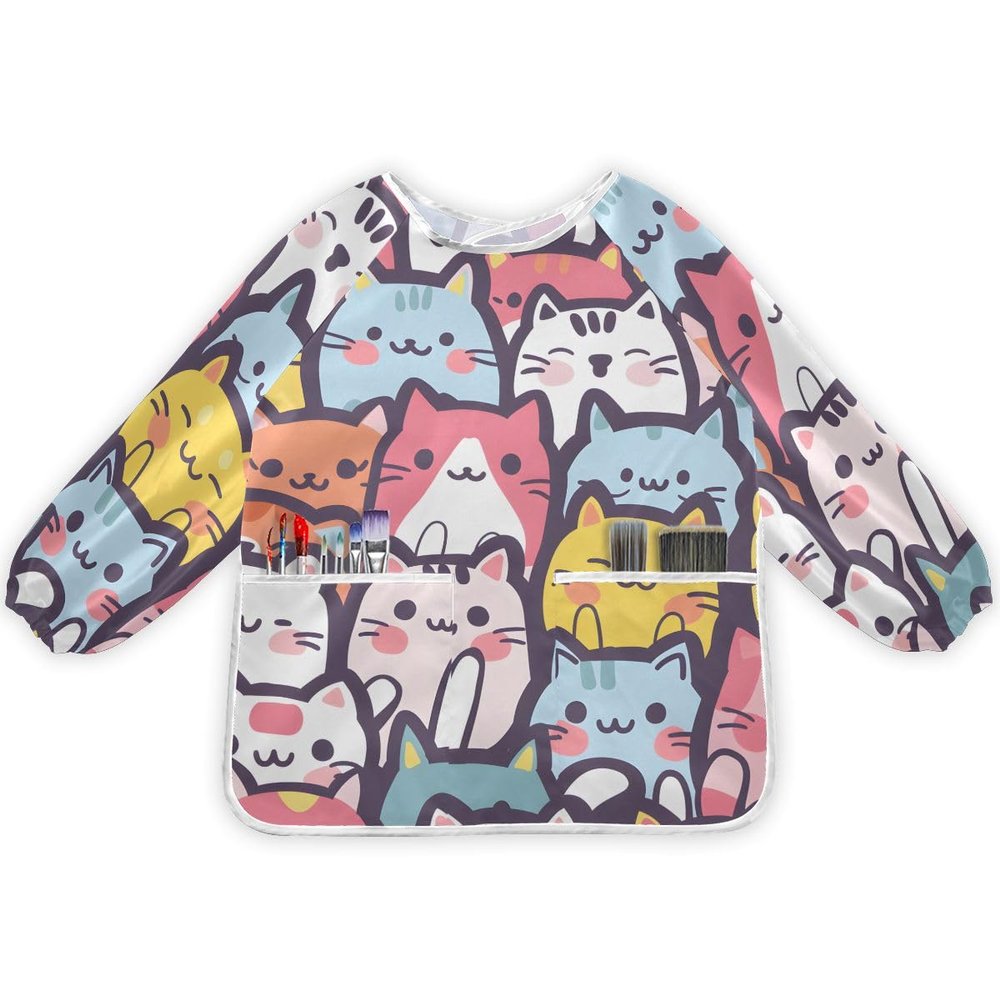 Bolaz Painting Smocks for Toddlers 4-6 Artist Smocks with Pockets Funny Cartoon Cats Eating Waterproof Long Sleeve Infant Children Apron