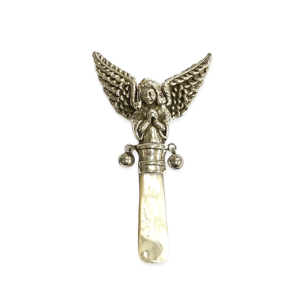 Victorian Style Angel Baby Rattle with Mother of pearl Handle