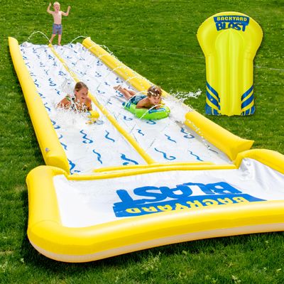 BACKYARD BLAST - 30' Waterslide with Bumpers and Splash Zone, 2 Inflatable Riders and Electric Pump - Easy to Setup - Extra Thick to Prevent Rips & Tears