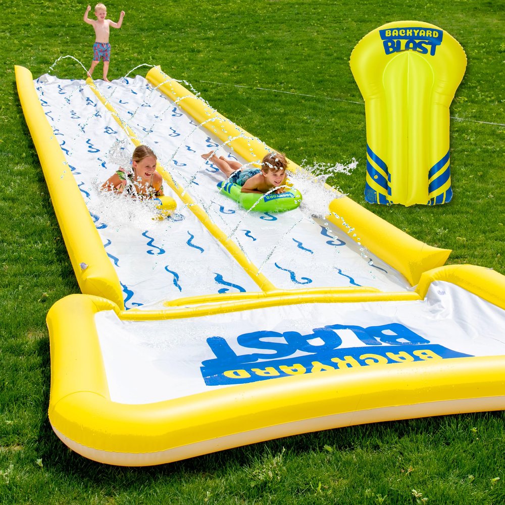 BACKYARD BLAST - 30' Waterslide with Bumpers and Splash Zone, 2 Inflatable Riders and Electric Pump - Easy to Setup - Extra Thick to Prevent Rips & Tears