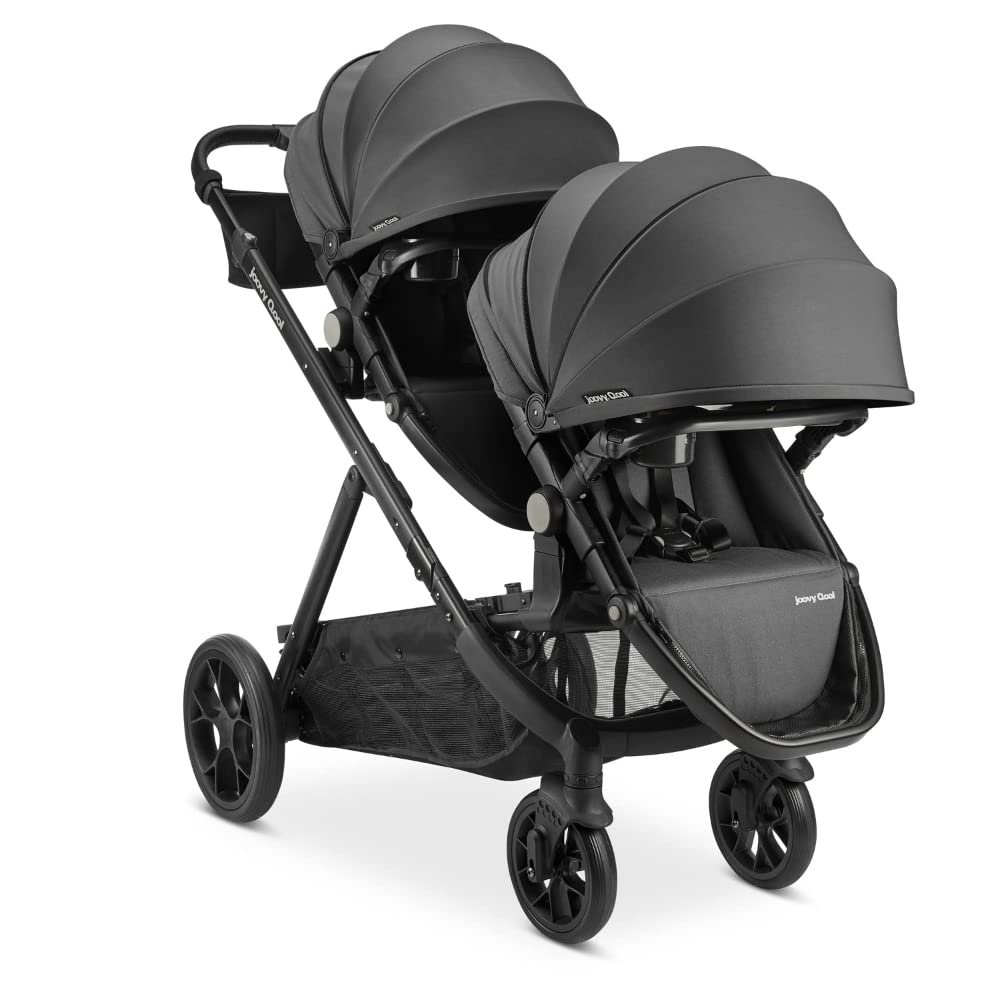 Joovy Qool Double Bundle Double Stroller with Reconfigurable Seats, Magnetic Safety Harness with Padding, UPF 50 Sun Canopy, and Large Storage Basket, Jet